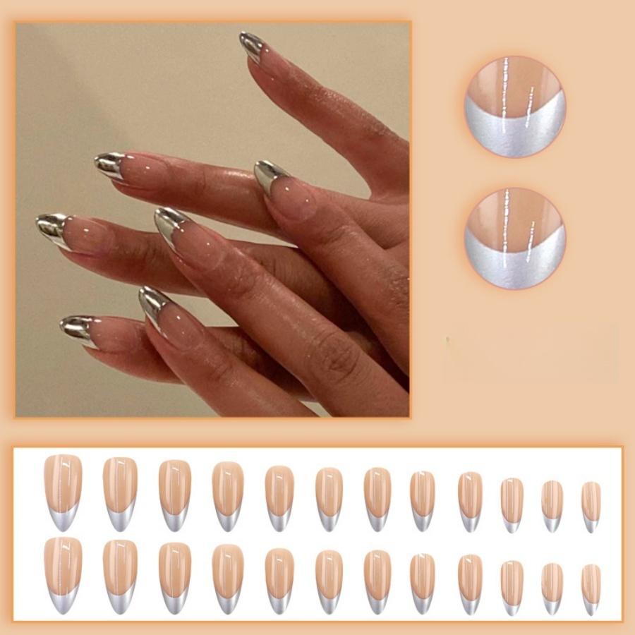 

24 шт. Серебряная Броня Носимая Европейские и Американские Металлические Накладные Ногти Французская Наклейка для Ногтей Миндалевидные Наклейки для Ногтей