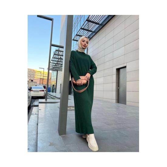 Knitwear Women Hijab Long Sleeve Ribbed Half Neck Long Knitted Dress