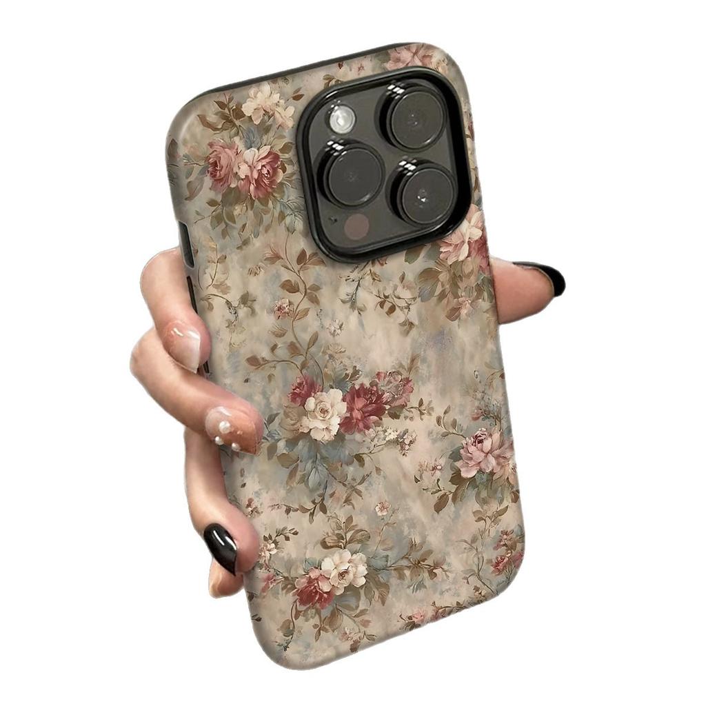Retro flower applicable Apple 17promax cartoon cute iPhone16Pro lens all-inclusive 15 two-in-one
