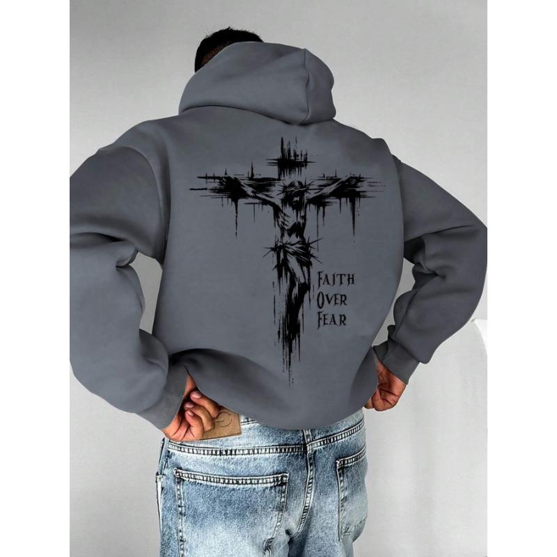 "Christian Faith Overcomes Fear" Cross Print Men Women Hooded Sweatshirt Autumn Winter Daily Outdoor Fitness Casual Sportswear
