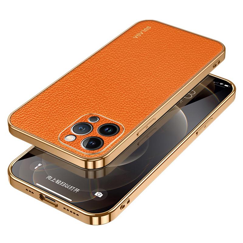

SULADA For iPhone 15 Pro Max Electroplating Cover Litchi Texture PU Leather Coated PC+TPU Phone Case Orange