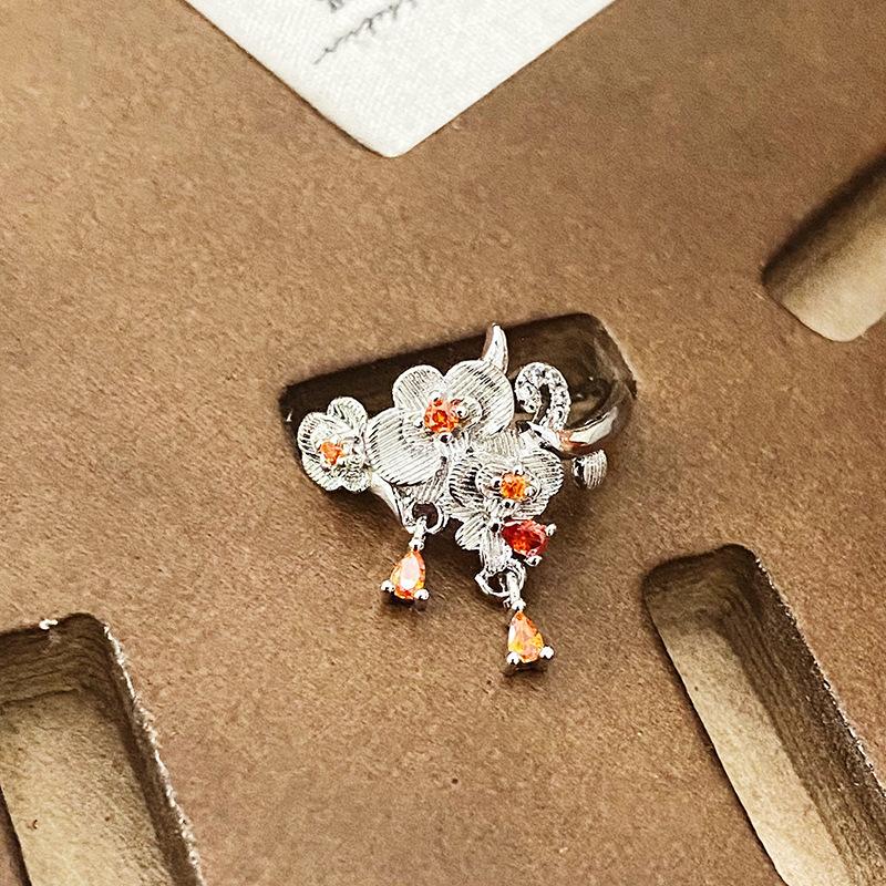 Flowers Are Like Brocade~ Medieval Vintage Hollow Zircon Flower Row Ring Opening Ring Enamel Light Luxury Noble Diamond