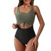 Women's One-Piece Swimsuit With Cross Straps To Cover The Belly, Conservative Solid Color Patchwork Swimsuit