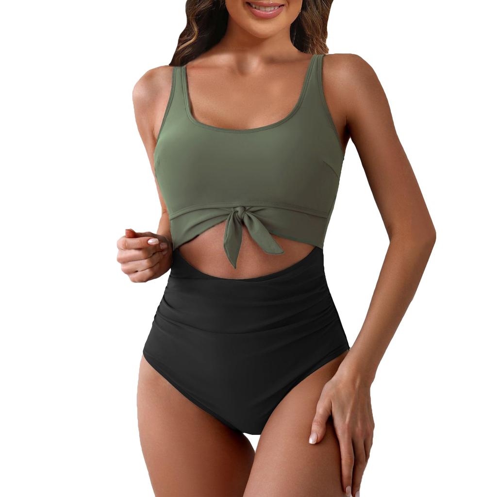 Women's One-Piece Swimsuit With Cross Straps To Cover The Belly, Conservative Solid Color Patchwork Swimsuit