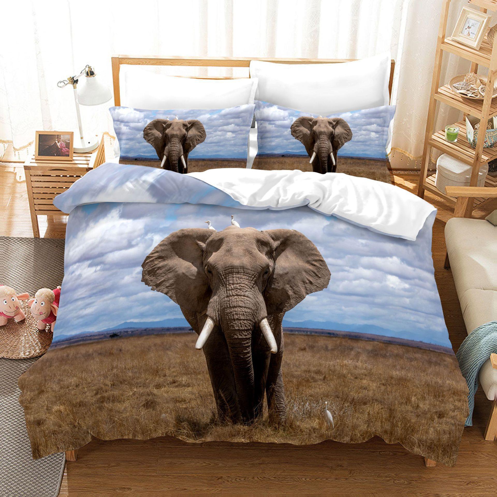 

3D Digital Printing Bedding Quilt Set Three-Piece Elephant Animal Cartoon Animation UK 135*200cm