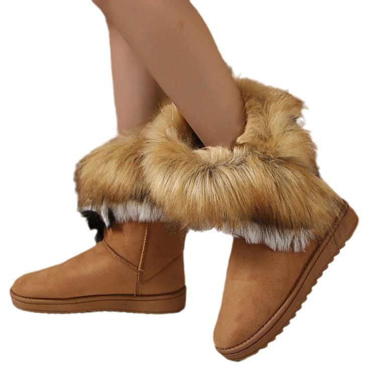 Large size snow boots women's winter new fashion round head flat bottom fluffy mouth plush warm cotton shoes