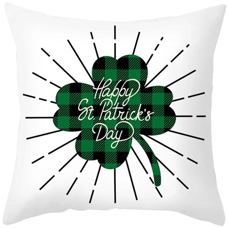 St. Patrick'S Day Pillow Case Green Cartoon Letter Four-Leaf Clover Sofa Cushion Cover Ireland National Day Pillow Cover