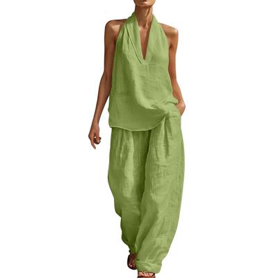 Women's Linen Sleeveless Over-the-Shoulder V-Neck Wide-Leg Pants Set Casual Two-Piece Summer Cotton-Linen