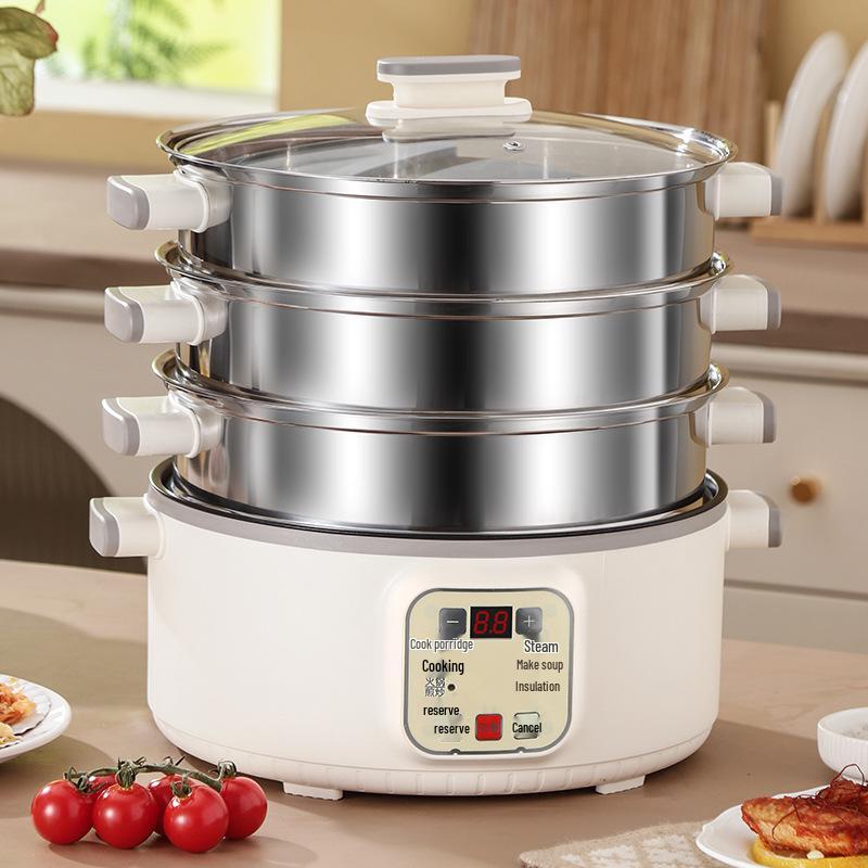Vaporiera Elettrica a Tre Piani: Multifunzionale, Spegnimento Automatico, Grande Capacità, Timer, Pentola Elettrica Multi-livello, Cestello per Cottura a Vapore