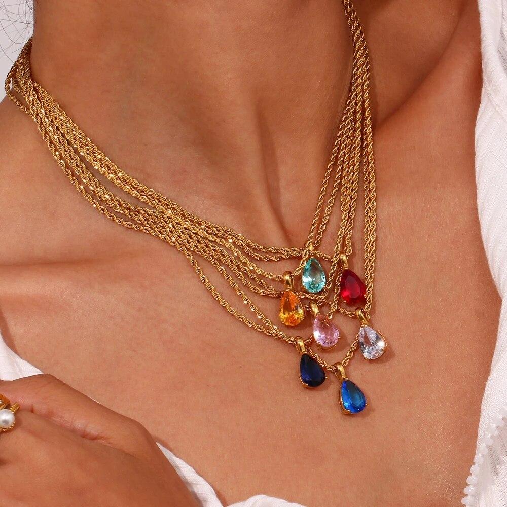 2022 Waterproof Fashion Birthstone Necklace Jewelry Gift For Women 12 Colors Zircon Waterdrop Pendant Necklace with Rope Chain