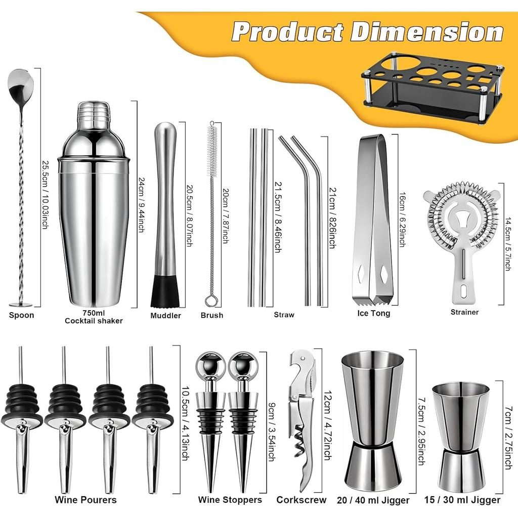 Cocktail Shaker Set,Professional Bar Set, Shaker, Jigger, Strainer, Mixer Spoon, Muddler, Stand and Recipe Book, Bar Set Beginners