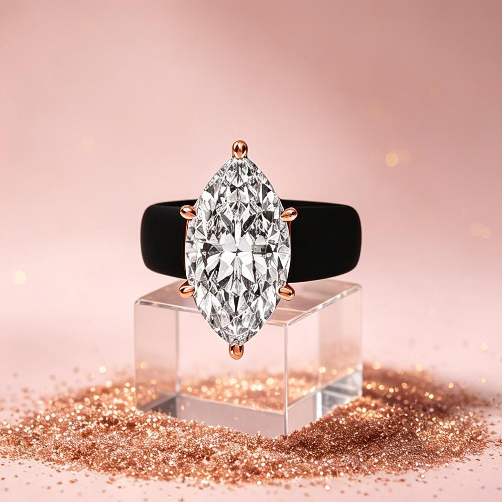 Black Silicone CZ Ring for Women, Marquise Cut Cubic Zirconia with Rose Gold Prongs, Daily Wear Casual Fashion Jewelry Gift