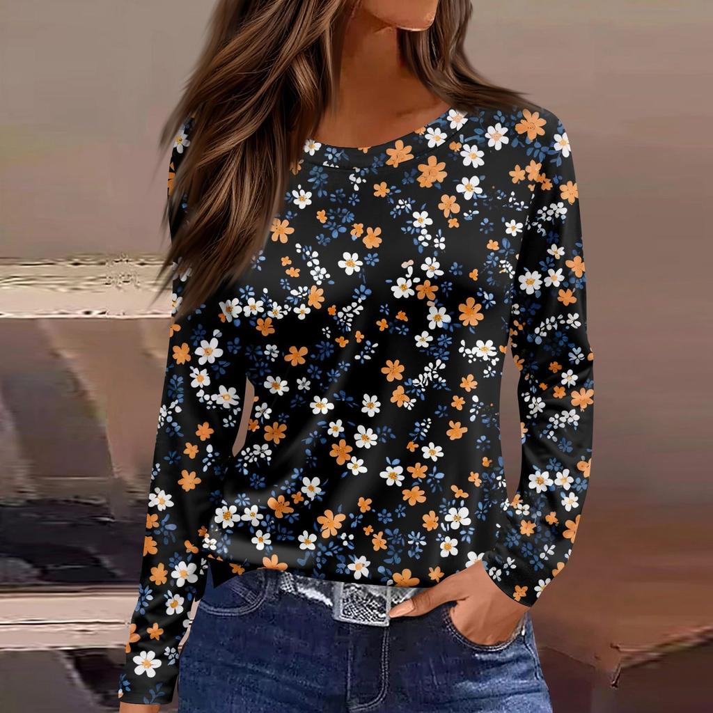 Women's Fashion Casual Slit Hem Round Neck Long Sleeve Loose Printed T-Shirt Ladies Top