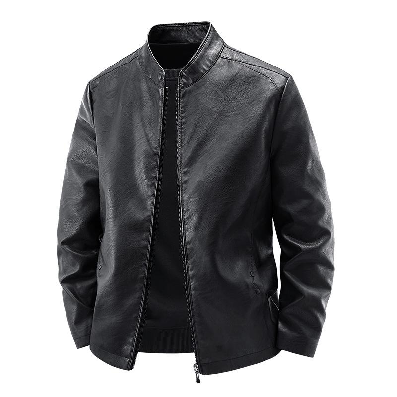 Men's Slim Fit Genuine Leather Jacket with Stand Collar and Velvet Lining - Casual Motorcycle Outerwear