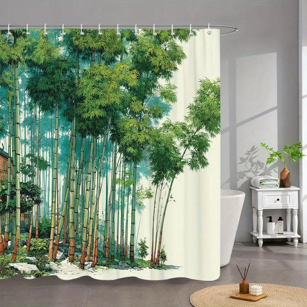 

1pc Japanese Bamboo Bath Curtain - Ukiyo-e Style Digital Art with Tall Slender Stalks, Green Leaves & Rustic Wooden Hut Design, W90xH180cm