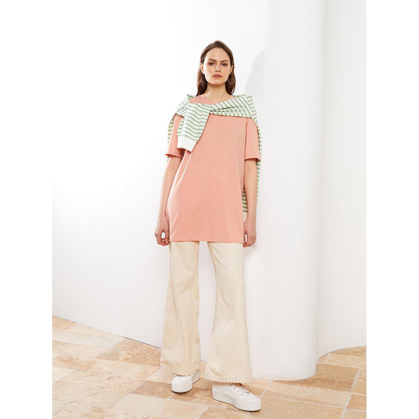 

MODEST Круглый вырез Прямая женская туника с короткими рукавами Розовая