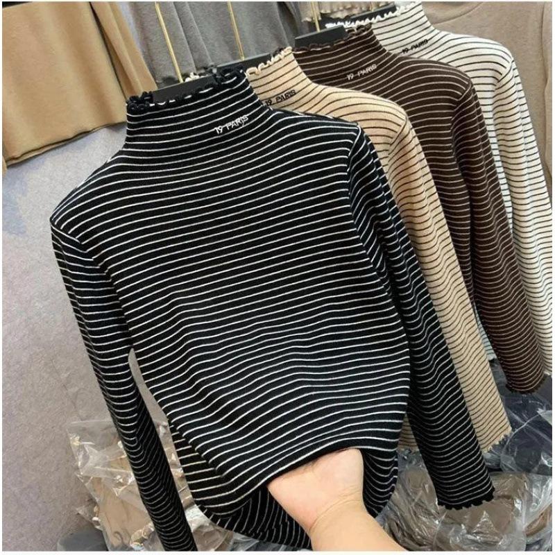 Girls Autumn Winter Striped Half Turtleneck Base Layer Shirt Long Sleeve Warm Thermal Top Korean Inner Wear