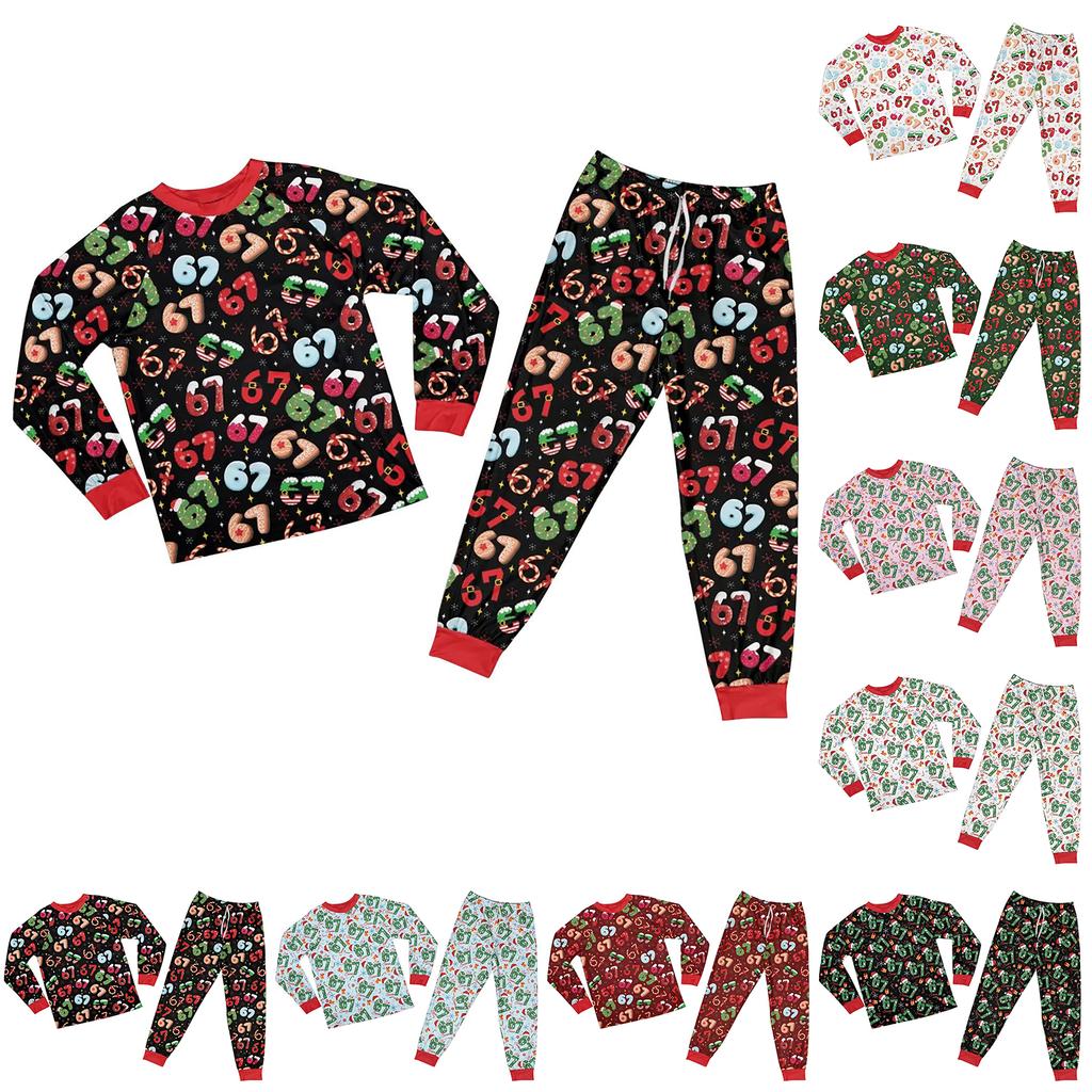 Children's Christmas Print Sets Pajamas Loungewear Outfits Family Matching Long Sleeve Tops+Pants Set