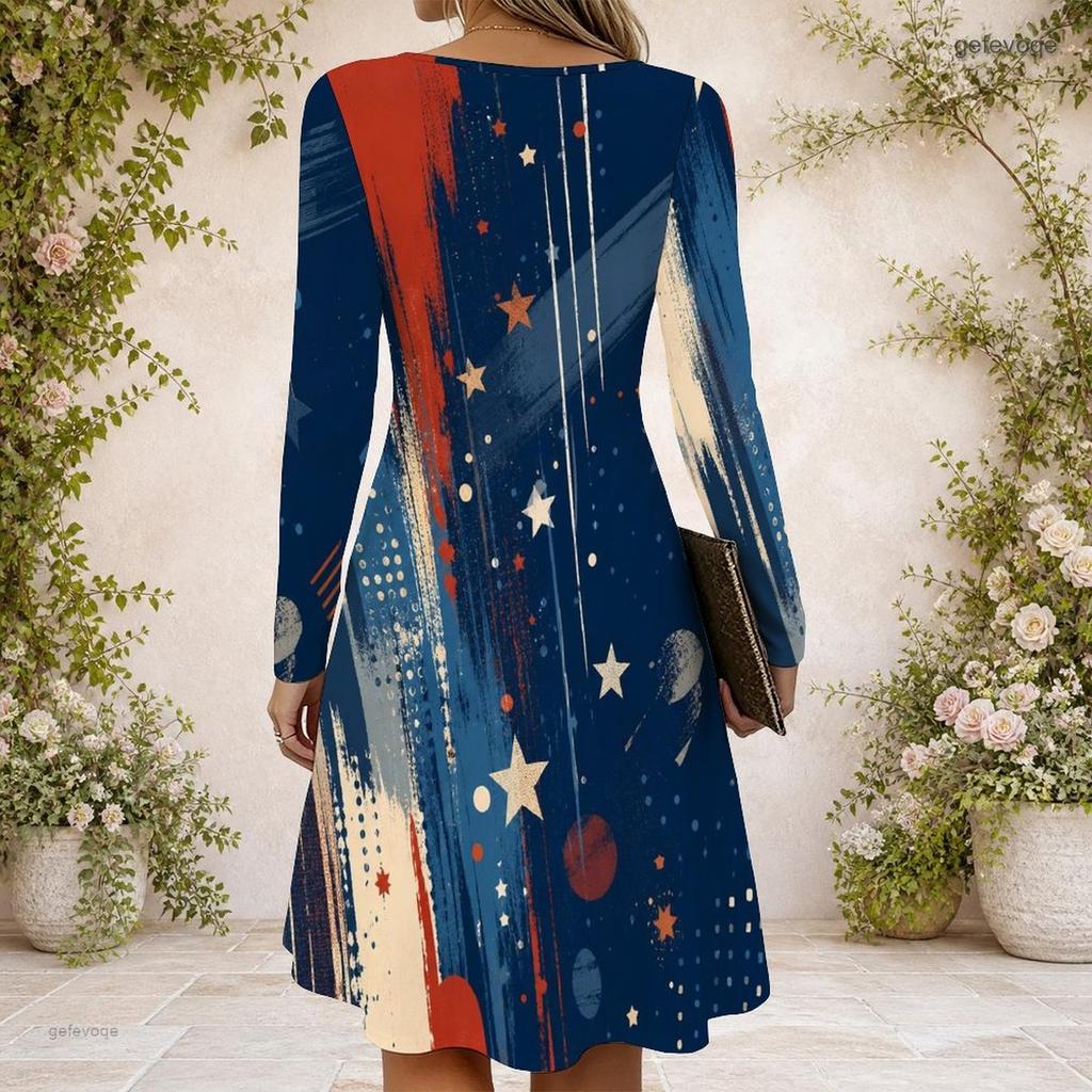 Women Cross V Neck Long Sleeve Dress Red Blue Geometric Abstract Print Irregular Hem Dress
