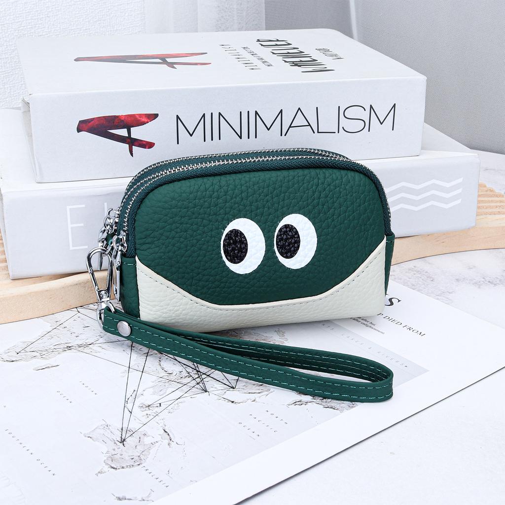 Porte-monnaie amusant à 3 fermetures éclair avec yeux de dessin animé - Mini portefeuille en cuir véritable avec dragonne, Pochette à monnaie portable pour pièces, clés et cartes