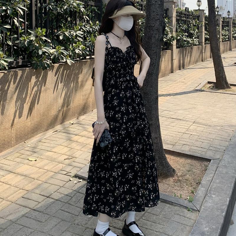 Black Sweet Floral Suspender Dress Women's Summer New High-end Temperament Coffee Break Dress Split-ended Long Dress