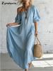 Abito Maxi alla Moda Stile Vacanza Monospalla in Lino con Maniche a Bolla Vestibilità Larga Snellente per Donna