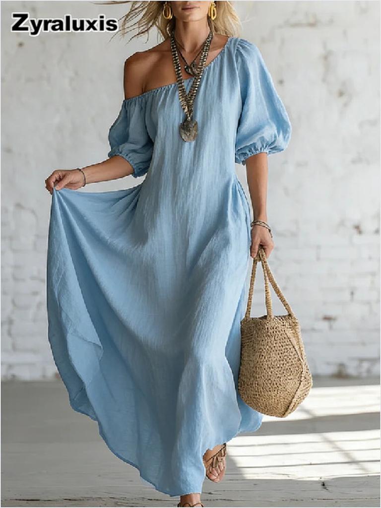 Abito Maxi alla Moda Stile Vacanza Monospalla in Lino con Maniche a Bolla Vestibilità Larga Snellente per Donna