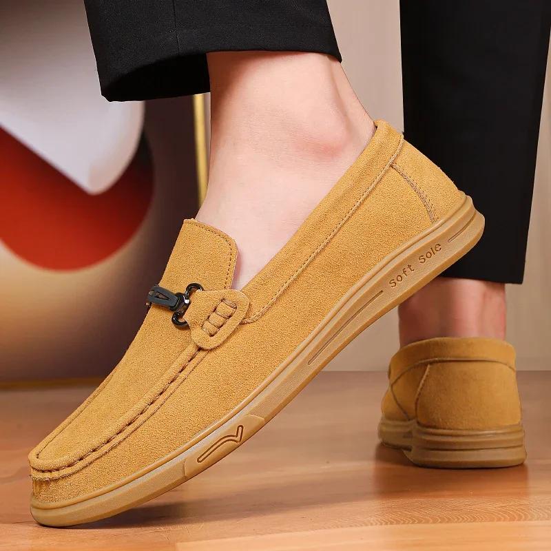 Fashion Spring Cow Suede Loafers Men's Metal Buckle Designer Casual Shoes Fashionable Soft Sole Comfortable Outdoor Adult Driving Shoes