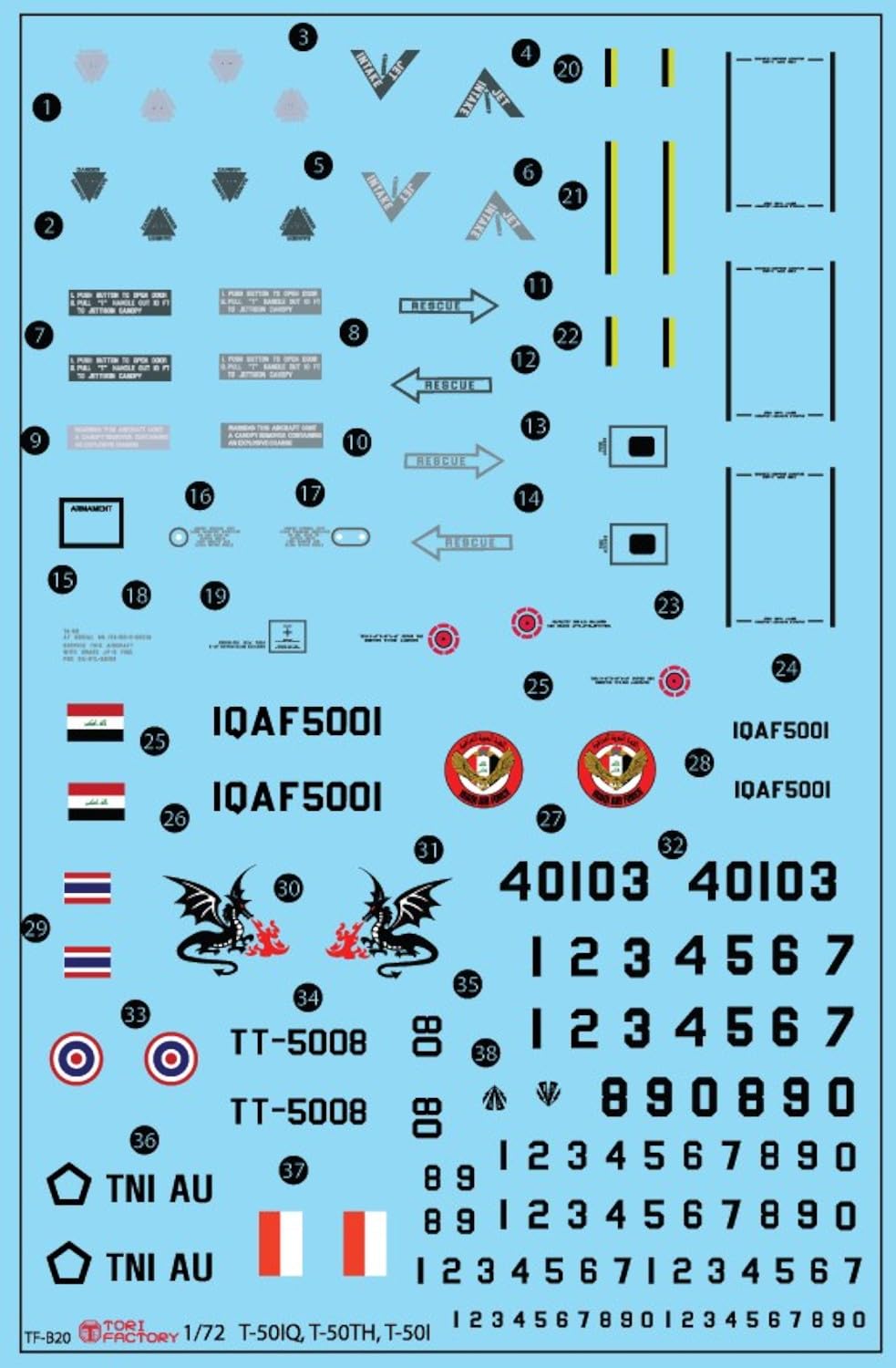 

Tori Factory 1/72 Scale Modern Korean T-50IQ/T-50TH/T-50I Conversion Set (for Academy Model Kits) Plastic Model Decal and Parts Set TF-B20