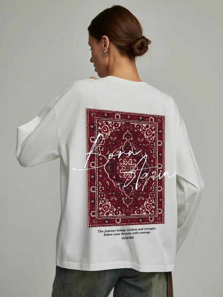 Trendy 2025 Spring Mid-Length Retro Print Cotton Long-Sleeve T-Shirt