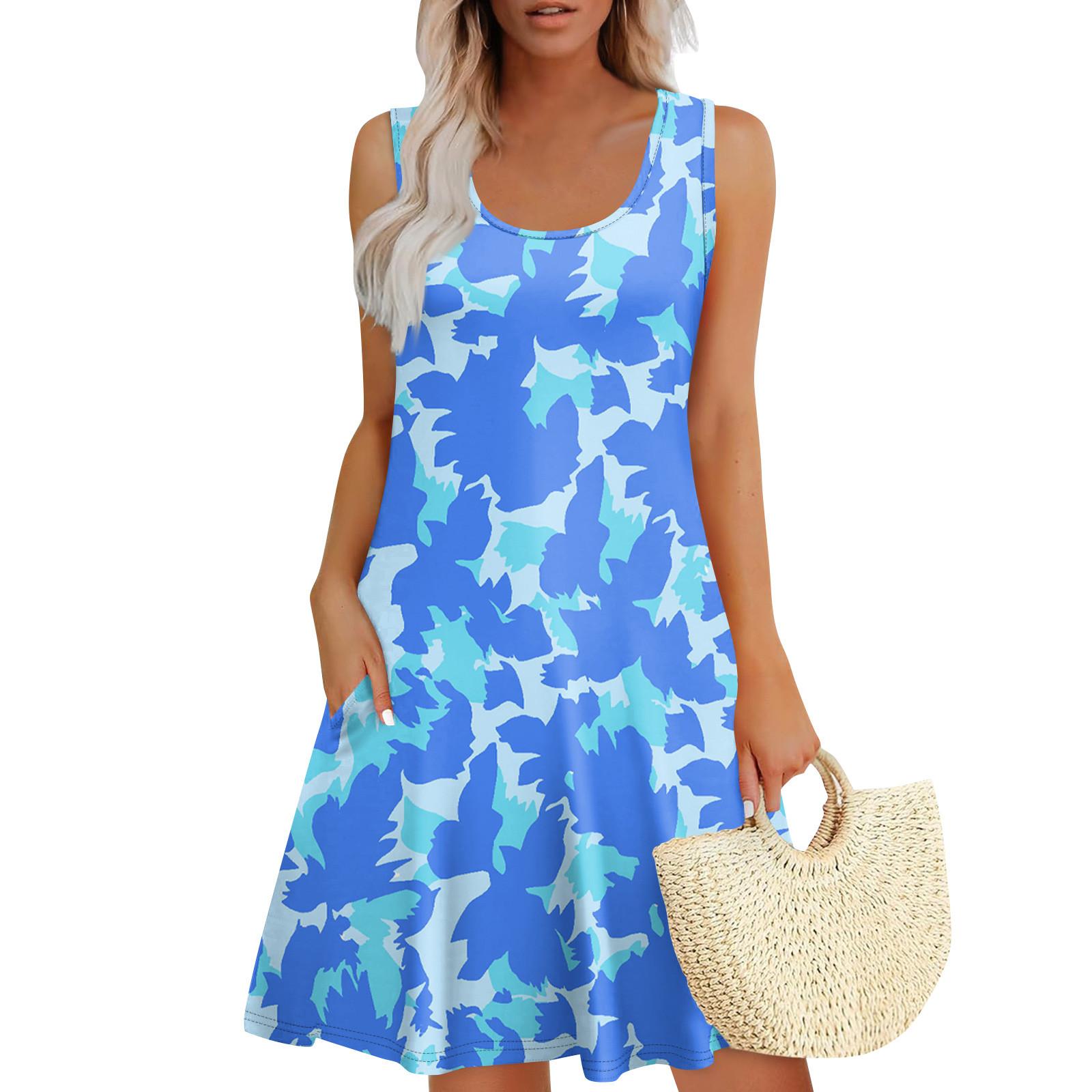 

Женское летнее повседневное платье U-образного кроя с завязкой и карманом, популярное цветочное платье с принтом M синий