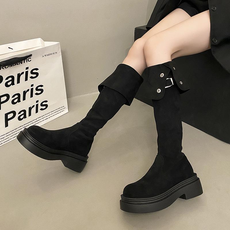 Two Wear Folded Knee Boots Small 2025 New Thick-soled Belt Buckle Western Boots Pile Boots Women