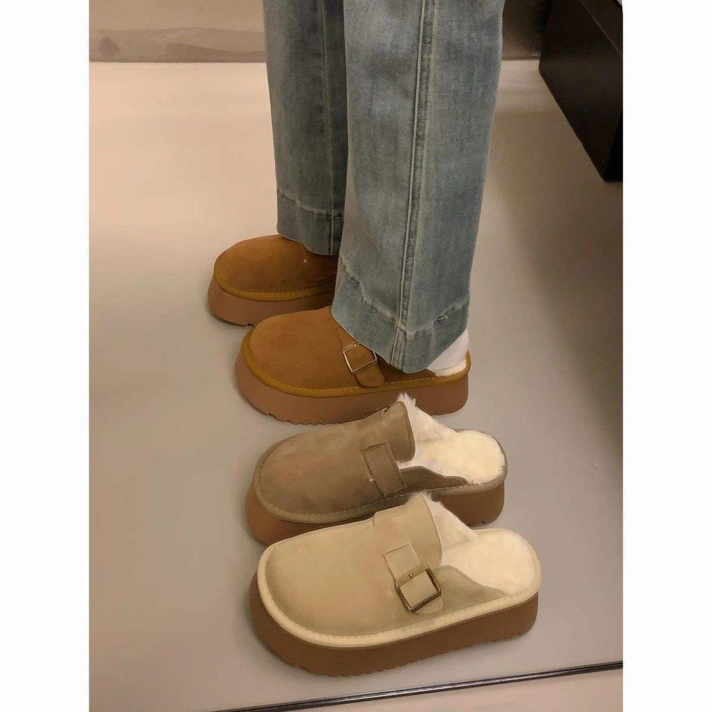 Thick-soled bag head hairy half slippers women's Birkenstocks 2025 new winter velvet warm Birkenstocks snow boots cotton shoes