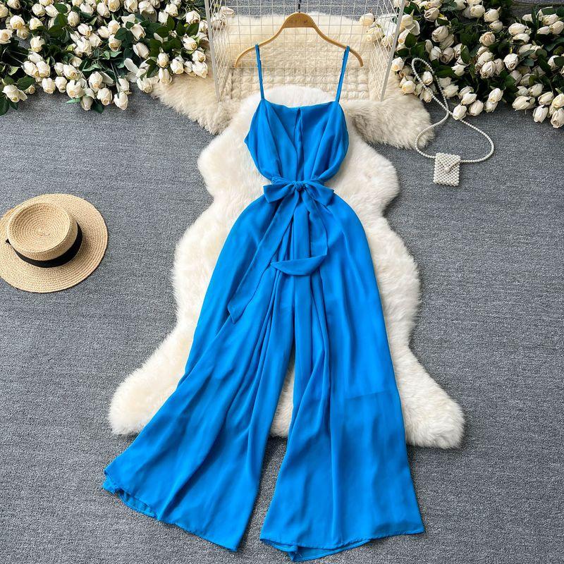 Holiday Wear Chic Summer New Design Sense Lace-up Waist-Controlled Youthful-Looking Loose Wide Leg Leisure Suspender Jumpsuit