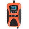 E-FAST 12V 7-Stage Charger for Car and Motorcycle Batteries with Current, Voltage, and Battery Level Display.