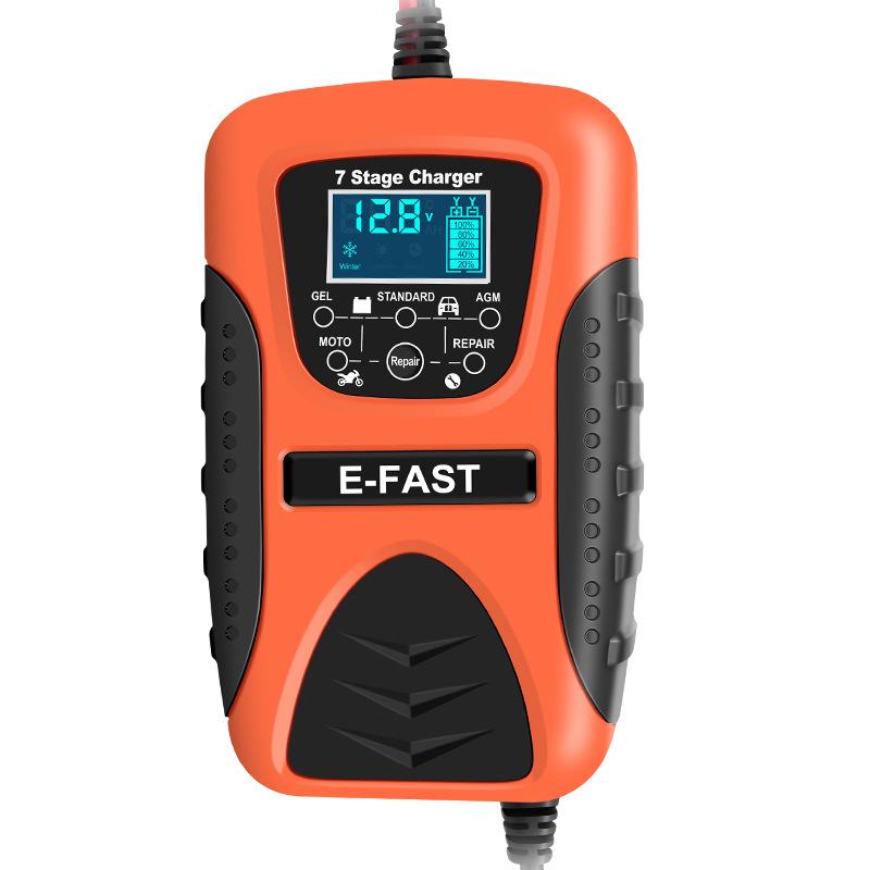 E-FAST 12V 7-Stage Charger for Car and Motorcycle Batteries with Current, Voltage, and Battery Level Display.