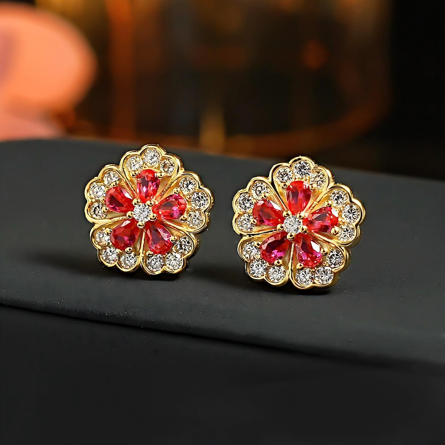 Seiko Rose Red Tourmaline Red Corundum Flower Stud Earrings with Diamonds Light Luxury Sweet Wind Stud Earrings for Girlfriend Gift 2026