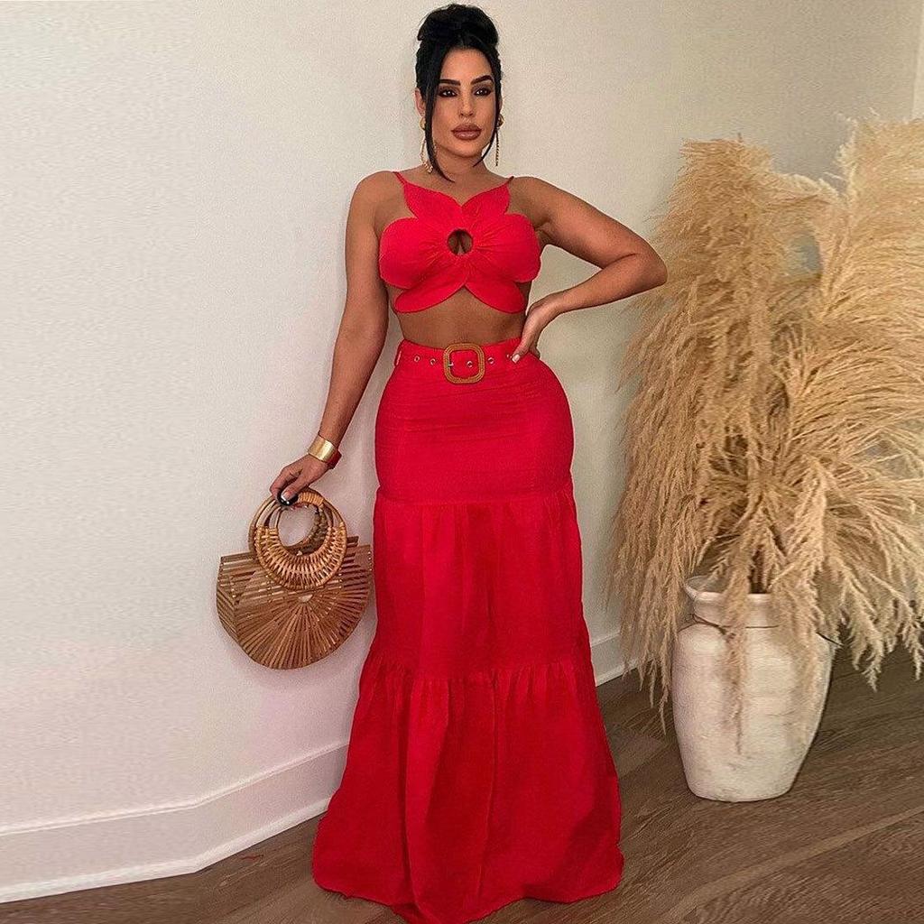 Europäisches & Amerikanisches Sexy Einfarbiges Unregelmäßiges Riemchen-Bandage-Rock-Set