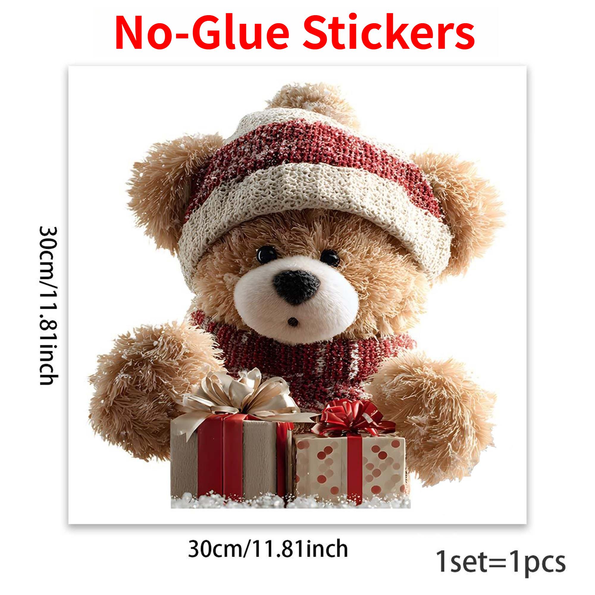 

1pc Cute Plush Christmas Bear Window Sticker with Knitted Hat and Scarf Gift Box Static Cling Glass Sticker for Windows Glass