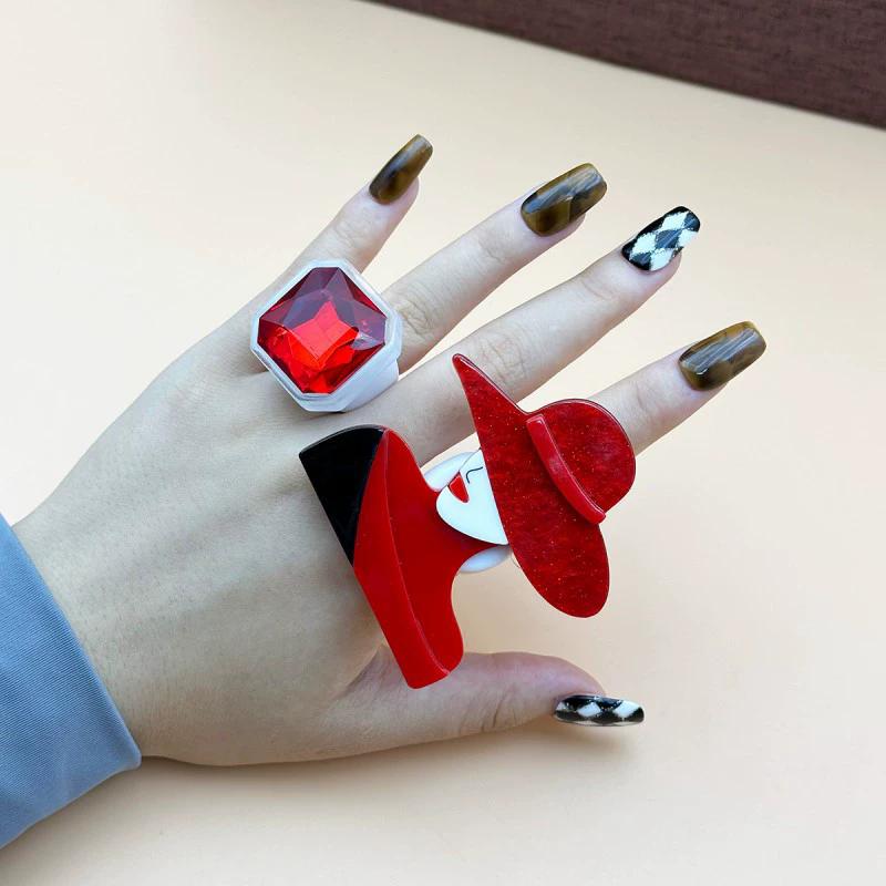 

Octagonal Square Diamond Rings Acrylic Rings With Trendy Girl Patterns Wearing Hats Fashion Personalized Jewelry Accessories Diameter 1.8cm