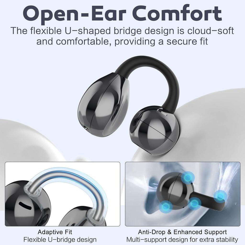 Open Ear Earbuds Air Conduction Headphones Wireless Earphones Bluetooth 5.4, Clip on Headphones with Mic 42H Playtime Over Ear Headsets Comfortable