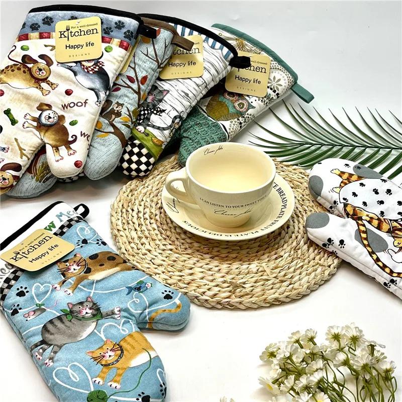 1Pc 18x33cm Cotton Retro Printed Thicken Kitchen Baking Oven Mitts Anti-Hot Microwave Insulation Glove Pad