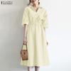 ZANZEA Women Casual Turn Down Collar Solid Color Loose Half Sleeve Dress
