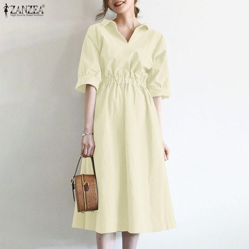 ZANZEA Women Casual Turn Down Collar Solid Color Loose Half Sleeve Dress