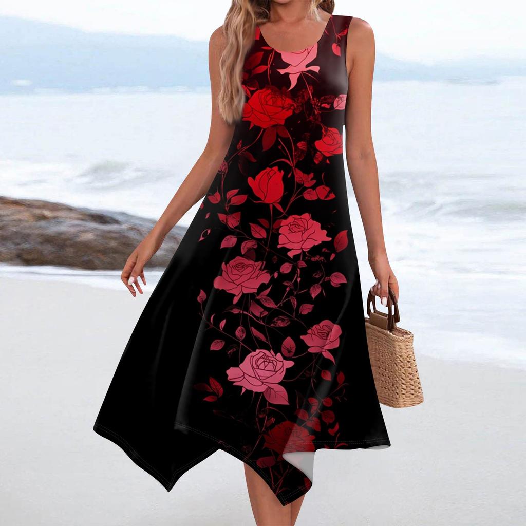 Abito lungo da donna casual, senza maniche, con scollo rotondo, stampa floreale vintage e orlo irregolare