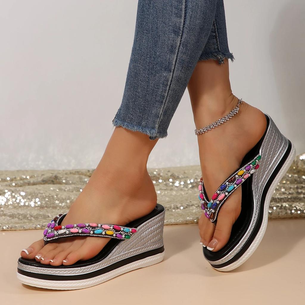 Women Sandals Fashion Clip Toe Platform Sandals Woman Colorful Beaded Wedge Sandals Flip Flops Summer Thick Sole Beach Shoes
