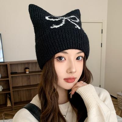 Japanese Cute Cat Ear Beanie Autumn and Winter New Korean Version Warm Versatile Pullover Hat Bow Knitted Hat