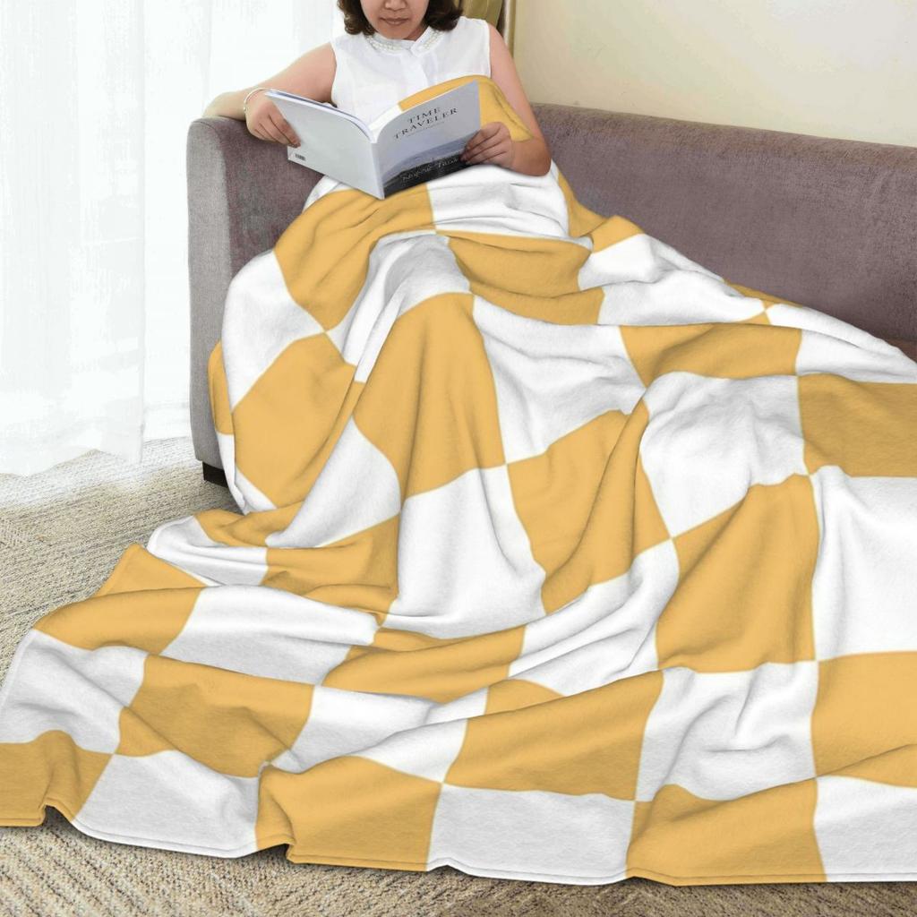 Gold-Weiß-Schachbrettmuster Decke Fleece Sofa Überwurfdecke Warm für Zuhause Schlafzimmer Outdoor Decken Tagesdecke Steppdecke