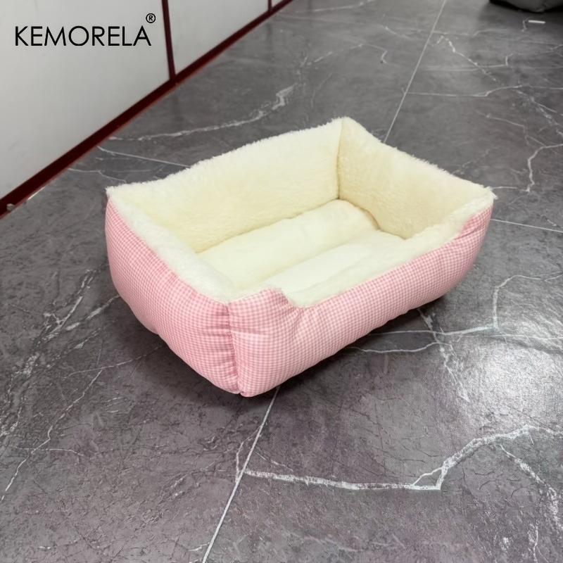 KEMORELA Square Plush Pet Bed for Winter, Pastoral Pet Sofa Bed Macaron-colored Plaid High Elasticity Thickened Comfort Warm