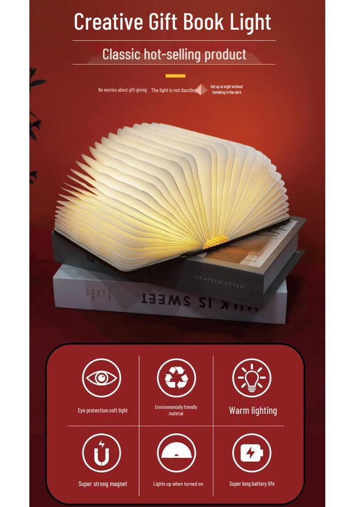 Folding Wooden Book Light: Creative Bedside Wireless Night Lamp